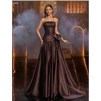 Sansa Customized Russet A-Line Bow Shiny Sequins Prom Dresses Strapless Sleeveless Vestidos De Noche Floor-Length Formal Evening
