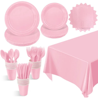 Solid Color Pink Disposable Kids Party Tableware Supplies Napkin Cup Plate Knife Fork Spoon Kids Birthday Party Supplies