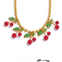 Yhpup Hot Style Enamel Sweet Cherry Drop Necklace Stainless Steel Chain Fashion Waterproof Gold Color PVD Plated Jewelry