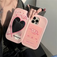 Cute Love Mirror Hot Pink clamshell silicone phone case for iPhone 16 15 Pro 14 13 Pro Max 15 Shockproof soft cover Girl Gift