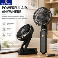 Portable Handheld Fan 3000mAh USB Rechargeable Foldable Mini Fan Digital Display 5 Speeds Neck Desk Fan for Travel Office Summer