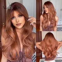 ALAN EATON Auburn Layered Perücke mit Pony, lange lockige gewellte Perücke für Frauen, synthetische Ingwer-Perücke für die tägliche Party, hitzebeständiges Haar