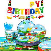 Transportation Bus Party Supplies Disposable Transportation Tablecloth Paper Plates Cups Happy Birthday Banner Decorations