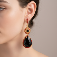 Luxury Teardrop Black Stone Dangle Earrings with Red/Black Rhinestones Gold Color Plated Vintage Long Statement Jewelry