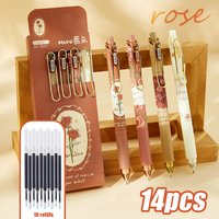 14Pcs Aesthetic Vintage Rose Gel Pen Set 0.5mm Black Ink with 10 Refills Quick Dry Cute Writing Pens School Stationery