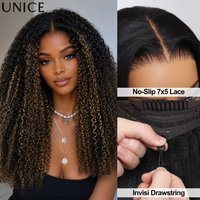 UNice No-Slip 7x5 Lace Black mit blonden und karamellfarbenen Highlights, Afro Kinky Curly Echthaar-Perücke ohne Kleber, sofort tragbar