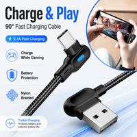 USB A to Type C 90 Degree Fast Charging Cable, Right Angle Nylon Braided Charger Cord for Gaming Phones, Battery Safe, 2.1A