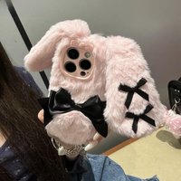 Cute Bow Fluffy Hairy Rabbit Ears Doll Animal Phone Cases For iPhone 17 16 15 Plus 14 13 12 11 Pro Max Soft Warm Plush Fur Cover
