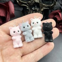 2pcs 35*17mm 3D Cute Fluffy Flocking Cat Kawaii Flocking Charms Miniature Dolls Keychain Pendant DIY Crafts Jewelry Make