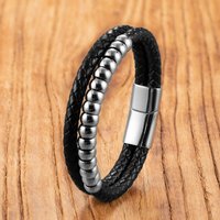 Handmade Genuine Leather Bracelet with Stainless Steel beaded - double-deck Unisex Jewelry Gift for Couple/Birthday