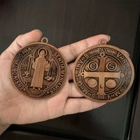 2PCS /Set EXTRA LARGE 3 INCH ST BENEDICT CROSS MEDAL VINTAGE BRASS TONE FINISH FOR WALL OR DESK DISPLAY/MEDALLA DE SAN BENITO