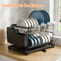 Modern Minimalist Black Dish Drainer Rack With Detachable Drip Tray, Stable Structure Kitchen Side Dish Storage Shelf For Bowl Plate, Bonus 3 Pcs Kitchen Towels Included