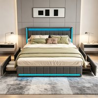 Lit capitonné Superaly 160x200cm avec 4 tiroirs, lit double avec espace de rangement, cadre de lit avec sommier à lattes, lit rembourré, lit pour jeunes, lit avec dossier, lin, gris foncé