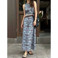 European-style women's summer 100% linen printed long dress with scarf