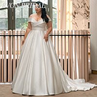 EVON BRIDAL Elegant Wedding Dresses Plus Size V Neck Off Shoulder Satin A-Line Bow Sweep Train Bridal Gowns Vestidos De Novia