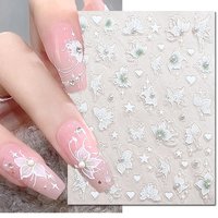 5D Embossed Nail Art Decals White Pearls Semi-Transparent Flowers Stars Adhesive Sliders Nail Stickers Decoration Manicure