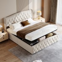 Upholstered bed, 4ft6 double bed 135×190cm, Hydraulic Storage, With slatted bed frame, Hydraulic bed, Velvet, Beige (No Mattress)