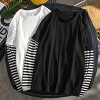 Cool Harajuku Black White Striped Y2K Long Sleeve Solid Color T-shirts Men Women Fall Fake Two Piece Long Sleeve Loose T-shirt