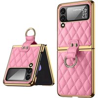 Vietao Luxury Leather Phone Case for Samsung Galaxy Z Flip 7/6/5/4/3 with Gold Plated Ring Stand - Lens Film Protection, Pink