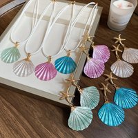 Minar INS Fashion Multicolor Spray Shell Metal Star Pendant Long Drop Earrings for Women Girls Wholesale Party Beach Jewelry