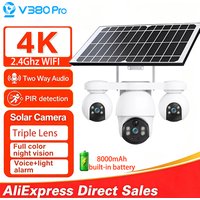 V380 WiFi Solar 3-Linsen CCTV-Kamera 3-Bildschirm-Anzeige PIR-Menschenerkennung Wasserdichte Nachtsicht Außenüberwachungskamera