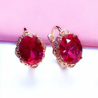 585 purple gold plated 14K rose gold inlaid oval ruby flower earrings for women elegant charm sweet wedding jewelry for couples