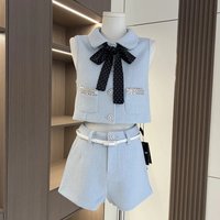 High Quality French Fashion Tweed 2 Piece Pant Sets For Women Bow Vest Tops + Shorts Sets Korean Sweet Lady Two Piece Pant Suits