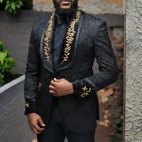 Black Floral Men Suits with Buttons Shawl Lapel Jacket with Pants 2 Piece Wedding Groom Tuxedo ( Blazer + Trousers) 2024