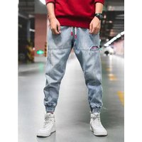 Light Blue Denim Pants for Men Trendy Loose Harem Jeans Retro Ankle-length Pants with Elastic Cuffs Cargo Pants Plus Size 5XL