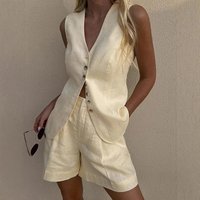 Tornova Cotton Linen Vest Shorts Suit 2025 Summer New Commuting Sleeveless Vest Loose Shorts Suit Solid Casual Suit For Women