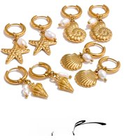 Yhpup Ocean Style Natural Pearl Conch Shell Starfish Drop Summer Hoop Earrings for Women Stainless Steel Holiday Daily Jewelry