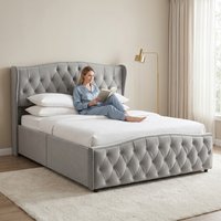 Double Ottoman Bed Frame, Velvet Upholstered Bed with Side Lift Storage, Stitched Headboard and Gas Lift Ottoman Base, 4ft6 Bedroom Furniture, King Size Bed Frame