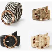 1PC Fake Straw Knitted Round Square Buckle Waistband Women Braid Belt Breathable Hollow Elastic Decorative Wide Belt Woven Belt