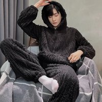 Flannel Men's Long Sleeve Pajama Set Autumn Winter Warm Hooded Coral Fleece Black Color Loungewear pyjama homme L-3XL Dropship