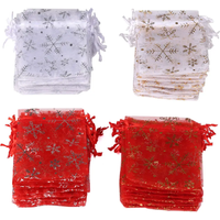 50pcs/lot Organza Gift Bag Hot Gold Color Printing Snowflake Drawstring Pouches For Wedding Christmas Party Candy Packing