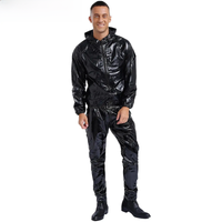 Unisex Womens Mens PVC Sauna Sweat Suit Exercise Workout Outfit Long Sleeve Zipper Drawstring Hooded Jacket Tops with Pants