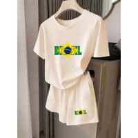 Summer Brazilian Flag Element Print Set Brasil Letter Casual Short-Sleeved Shorts Two-Piece Set