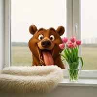 1Pc Brown Bear Window Sticker with Tongue Out, Self-Adhesive Pvc Home Decoration DIY Sticker, Suitable for Classroom, Study Room, Cabinet, Living Room, Bedroom, Dining Room, Bathroom, Entrance, Doors