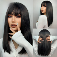 Medium Straight Black Bob Synthetic Wig with Bangs Short Honey Brown Wigs for Woman Auburn Natural Hair Daily Wig Heat Resistant