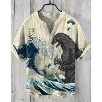 Japanese Fashion Men's Small V Neck Henry Shirt Men's Retro Japanese Godzilla V Neck Casual Linen Shirt