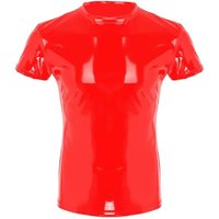 Red Mens Wetlook Tops Punk Fashion Shiny PVC Clothing Faux Leather Male T-Shirt Night Parties Clubwear Plus Size 5XL Costume