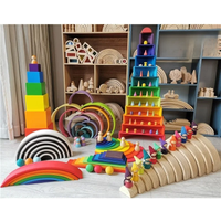 Kids Wood Rainbow Arch Stacker Pastel Building Blocks Semi-circle Balls Plate Unpaint Stacking Toys