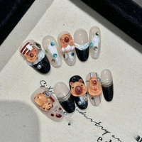 10pcs Handmade Press On Nails Lovely Kapibala Glossy Cat's Eye False Nails With Colorful Diamond Decor Black French Manicure
