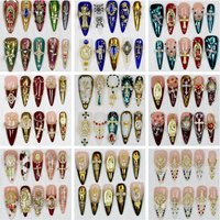 10Pcs Luxury Long Stiletto Press On Nails,Custom Design Chrome Gold Cross Virgin Mary Nail Art Catholic Handpainted Nails