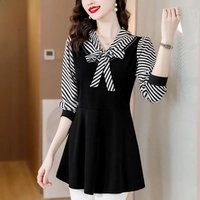M-4XL Hot Sales 2023 Women Long Sleeve Elegant Office Lady Work Basic Wear Black Casual Bow Tie Belly Tunic Peplum Tops Blouses
