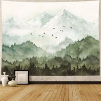 Foggy forest and mountains tapestry watercolor landscape wall hanging aesthetic sage green decor for bedroom and living room