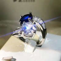 Creative Niche Design Blue White Imitation Crystal Gemstone Open Ring Light Luxury Full of Diamond High Quality Women Jewelry
