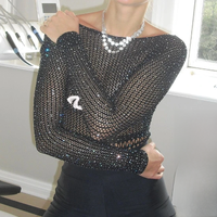 Dourbesty Goth Black Bodysuits Tops Sexy Mesh Rhinestone Women Long Sleeve See Through Leotard Tops Backless Baddie Outfits