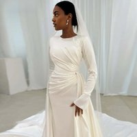 Eightale Arabic Wedding Dress Beaded Pearls O-Neck Customized White Ivory Long Sleeves Muslim Bridal Gown Robe De Mariée