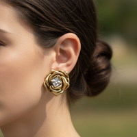 Vintage Rose Flower Earring for Women Elegant Metal Female Ear Stud 18K Gold Plated Birthday Office Holiday Jewelry Gift